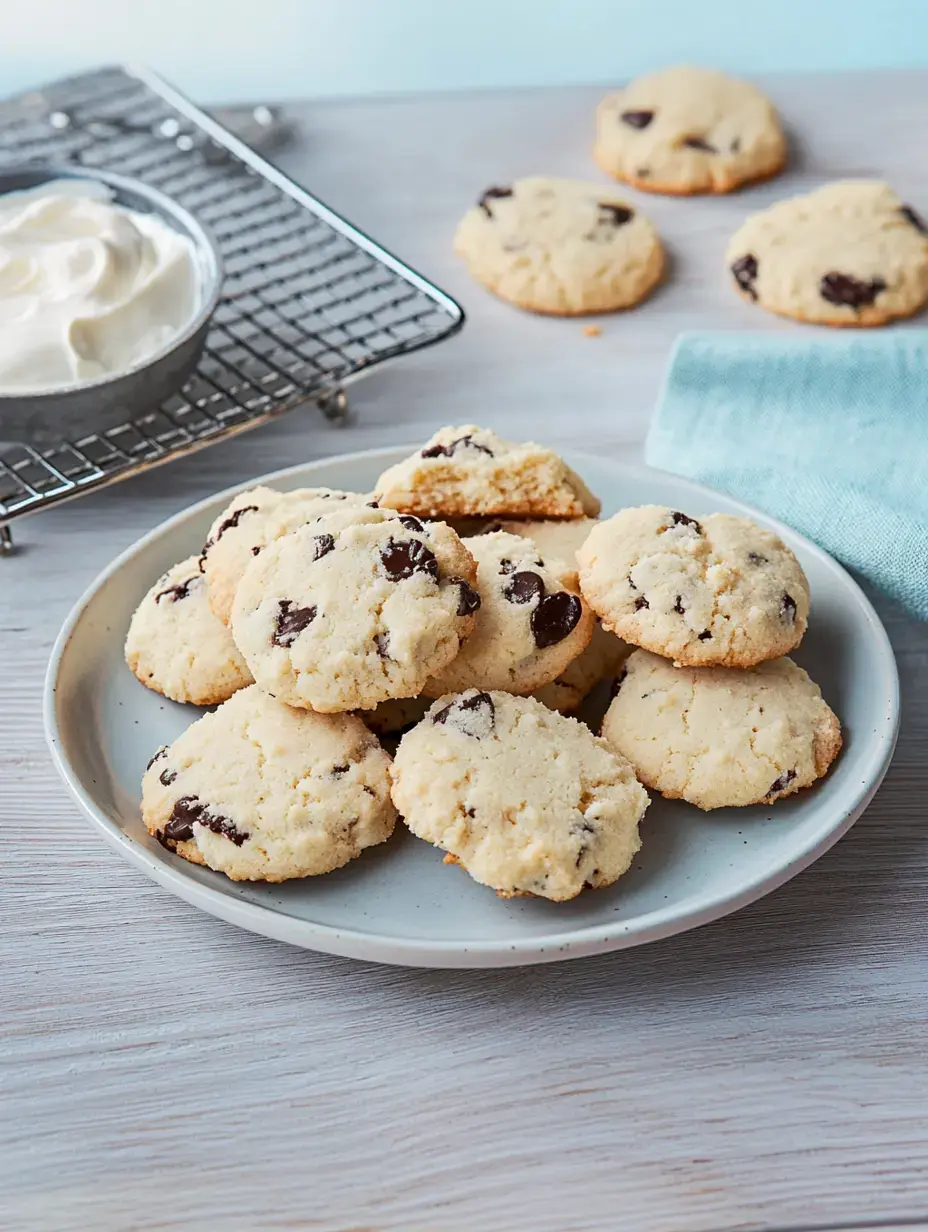 Un plato con galletas de chocolate recién horneadas sobre una mesa, rodeado de un tazón con nata y más galletas.
