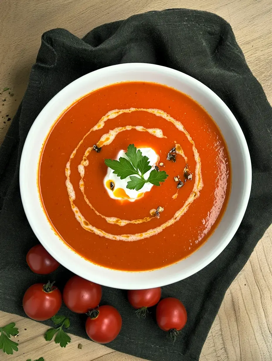 Un bol de sopa de tomate con nata un chorrito de aceite y perejil fresco rodeado de muchos tomates cherry.