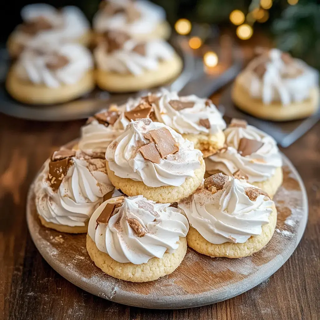 Un plato de galletas esponjosas con crema y trocitos de chocolate, sobre una mesa de madera.