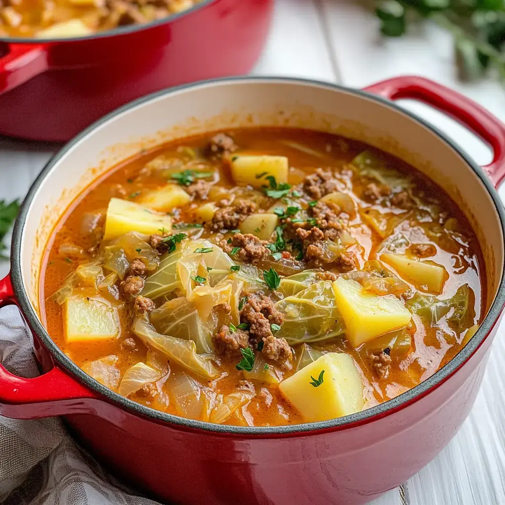 Olla roja llena de un platillo robusto con papas, carne molida y col en salsa sabrosa.