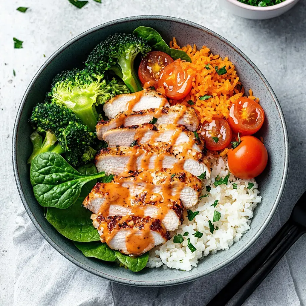 Plato con pollo a la plancha, arroz, brócoli, zanahorias, jitomate cherry y espinaca, todo coronado con una salsita.