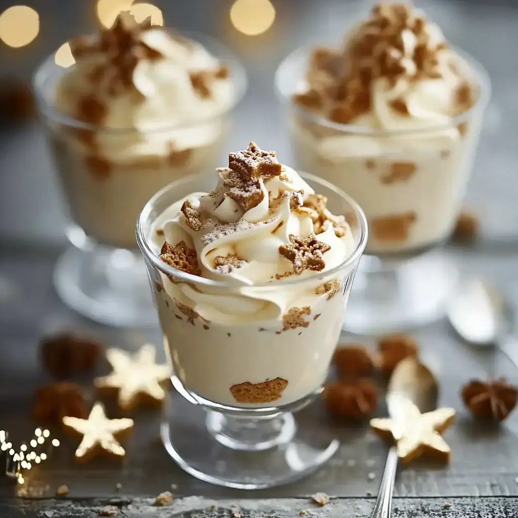 Tres vasitos con una capa de mousse cremosa, adornados con estrellas de galleta y detalles decorativos alrededor.