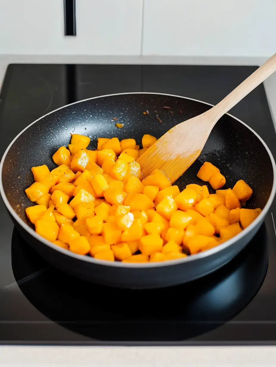 Dados de calabaza naranja se saltean con cuchara de madera en una sartén.