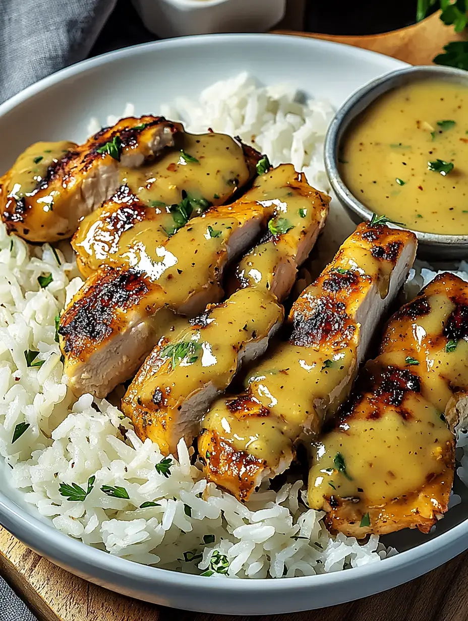 Pechuga de pollo a la parrilla con salsa cremosa sobre una cama de arroz basmati.