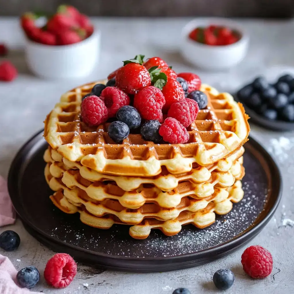 Unas waffles apiladas decoradas con frambuesas y arándanos frescos, sobre un plato oscuro.