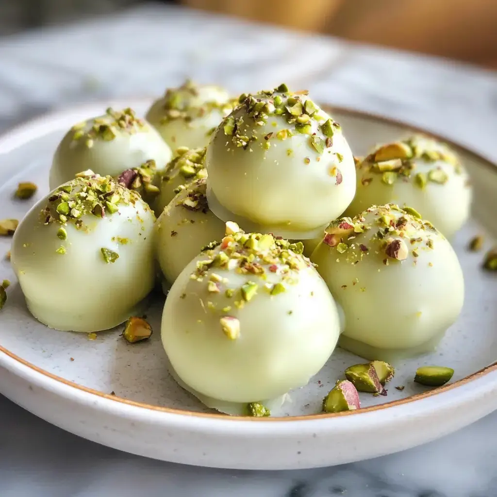 Un plato con varias bolitas blancas y verdes espolvoreadas con pistaches picados.