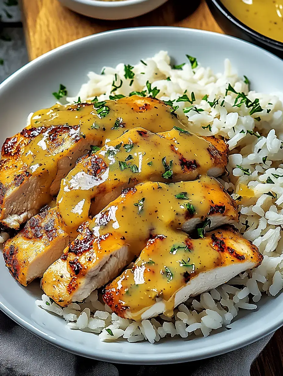 Un plato con pechuga de pollo frita, servida sobre arroz y cubierta con una salsa clara, decorada con perejil fresco.