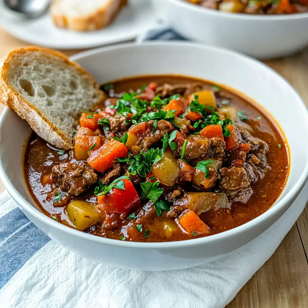 Un cuenco lleno de guiso con carne, vegetales y perejil fresco, acompañado de un buen trozo de pan.
