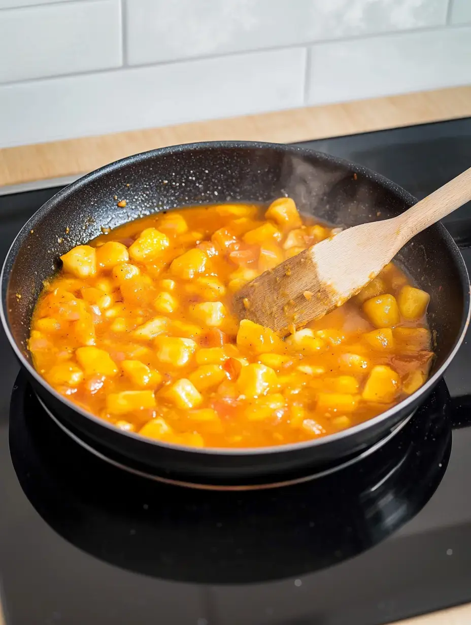 Ñoquis se cocinan en salsa de tomate especiada y se remueven con cuchara de madera en una sartén.