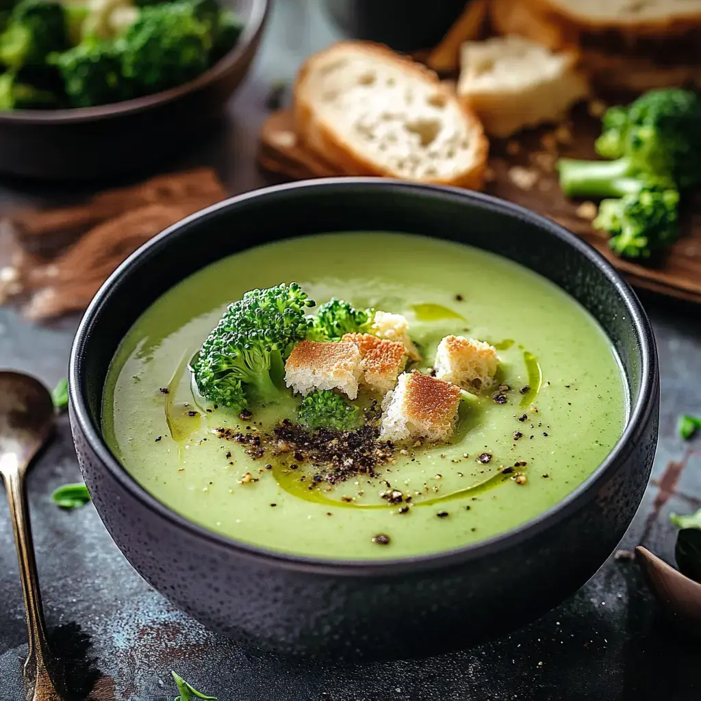 Un plato de sopa cremosa de brócoli, decorado con ramilletes frescos, pan tostado y pimienta negra.