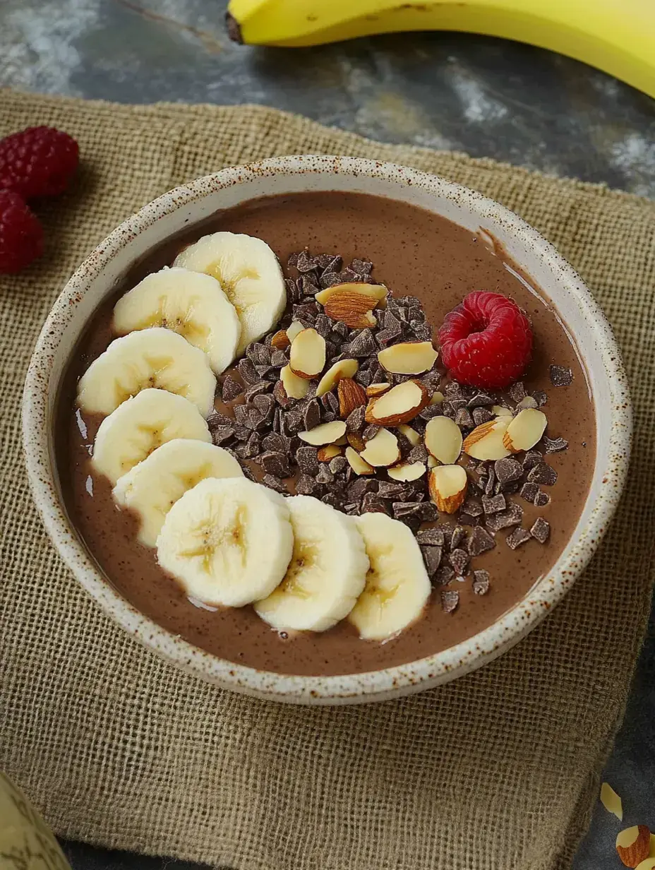 Un bowl de smoothie de chocolate decorado con rodajas de plátano, almendras, trozos de chocolate y una frambuesa, junto a un plátano.