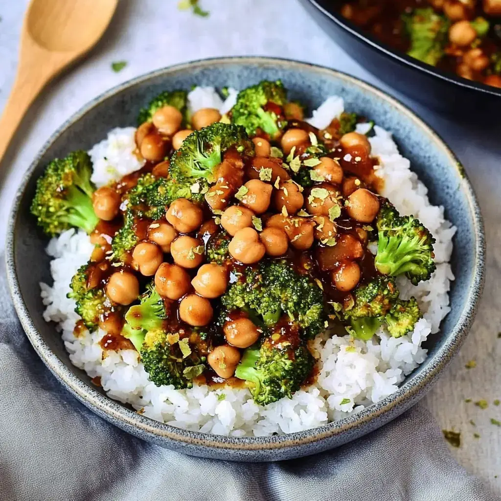 Un bowl con arroz, garbanzos y brócoli en salsa súper sabrosa.