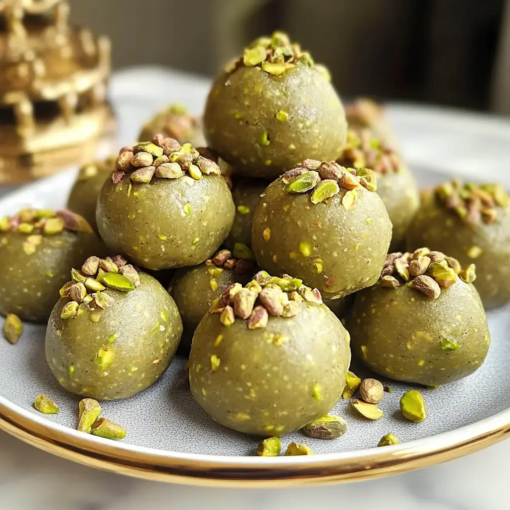 Charola con dulces color verde en forma de bola, decorados con trozos de pistache por arriba.