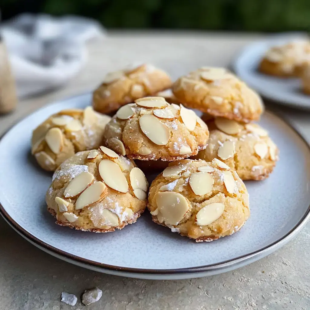 En la foto hay galletas recién hechas con almendra fileteada sobre un plato blanco.