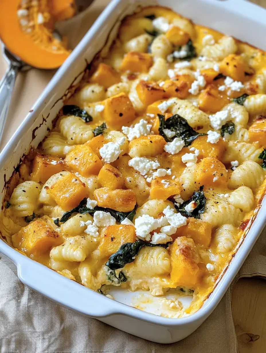 Una fuente blanca con gratinado de ñoquis, calabaza, espinacas y feta.