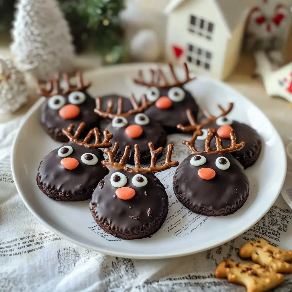 Un plato lleno de galletas con chocolate que parecen renos, llevan pretzels como cuernos, ojos de colores y narices de zanahoria.