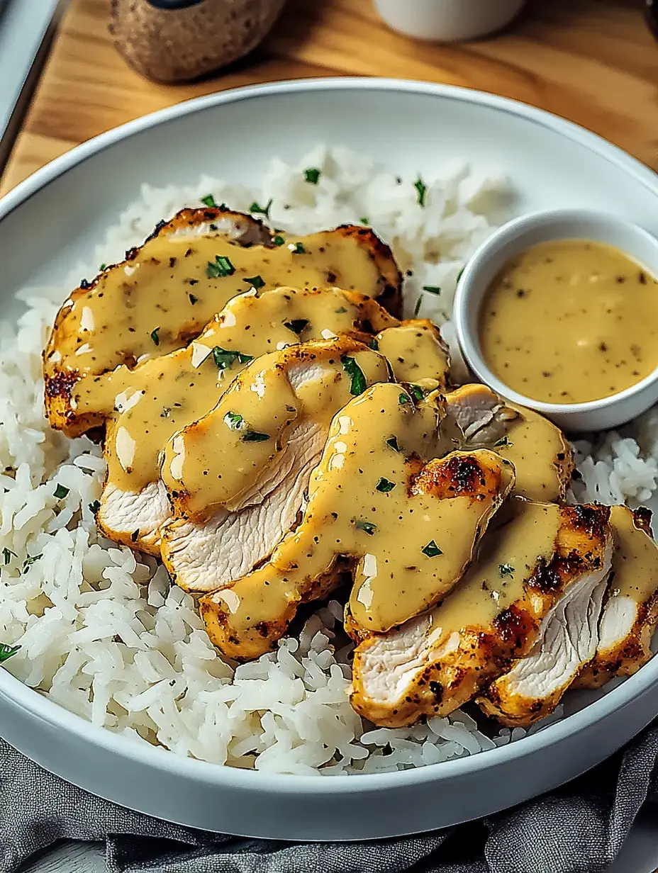 Un plato de arroz con pechuga de pollo cortada en rodajas y cubierta con salsa cremosa.