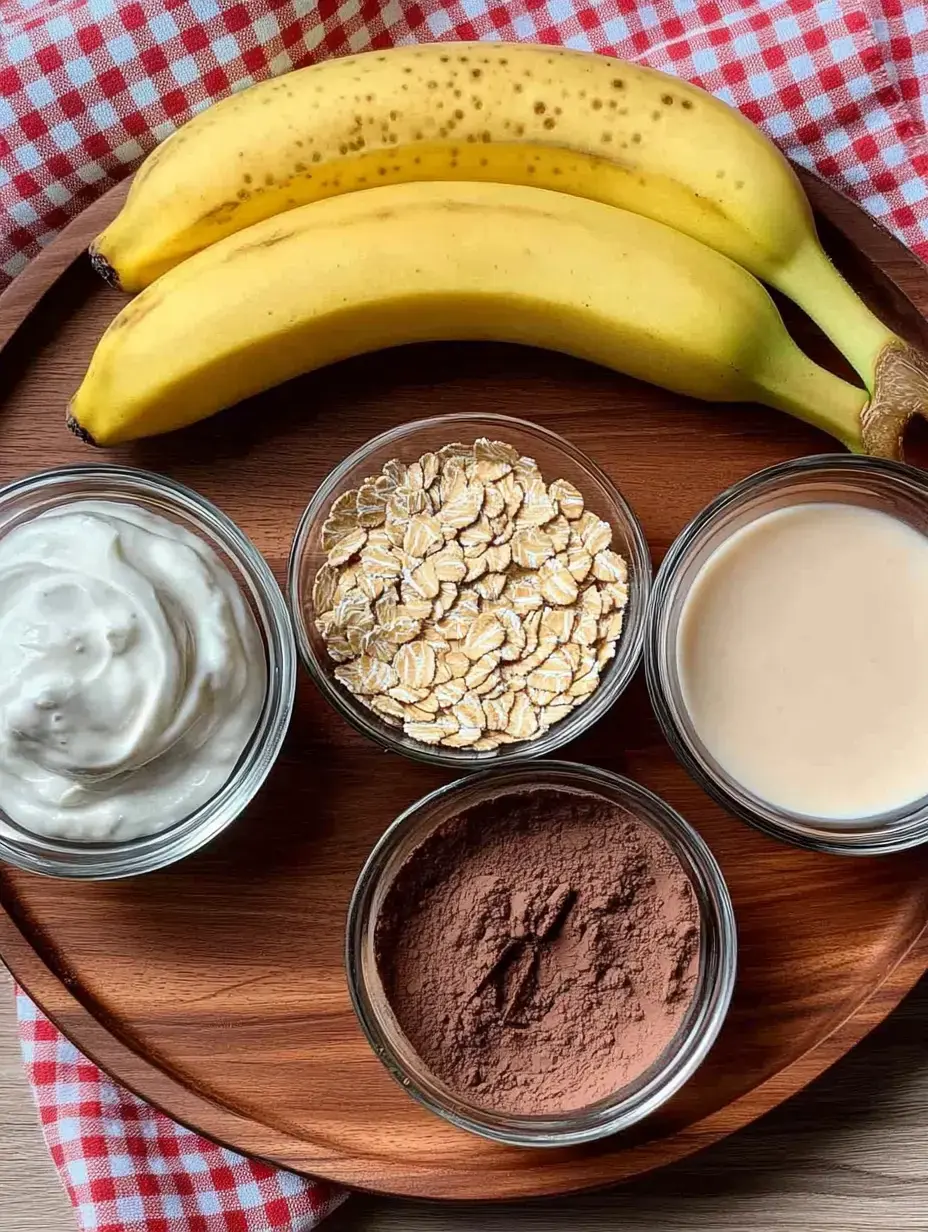 Una mesa de ingredientes: dos plátanos, copos de avena, yogur, cacao en polvo y un líquido, sobre una tabla de madera y un paño a cuadros.