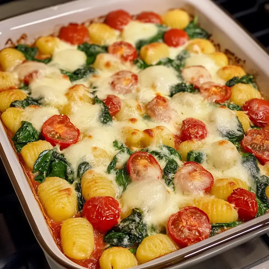 Gnocchis horneados con espinaca y tomates cherry, gratinados con mozzarella.
