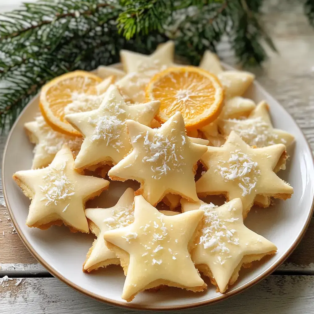 Un plato lleno de galletas en forma de estrella, cubiertas con glaseado y coco rallado. Alrededor hay rodajas de naranja deshidratada y ramas de pino.
