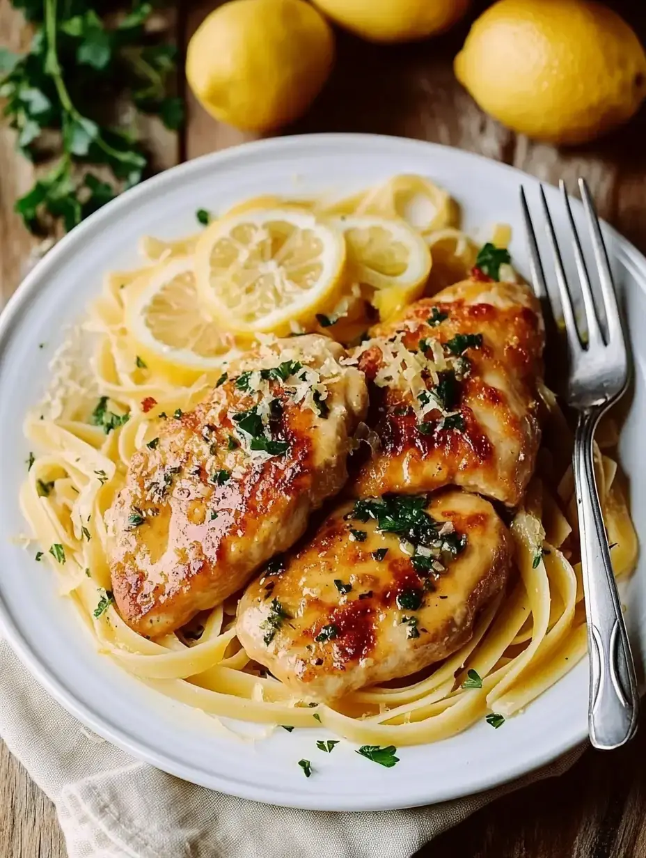 Un plato con pasta, filetes tiernos de pechuga de pollo en salsa de limón, decorado con perejil fresco y rodajas de limón.