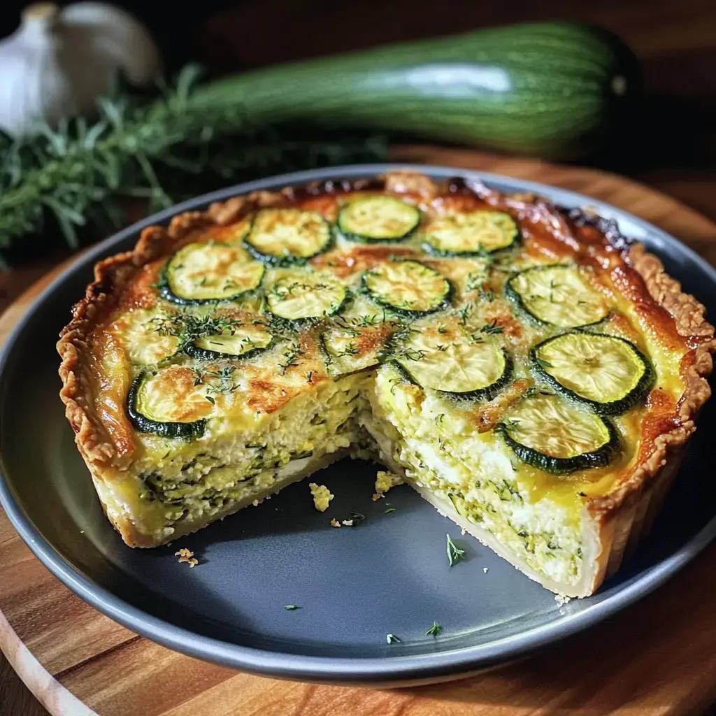 Porción de tarta de calabacín con costra dorada y láminas frescas de calabacita encima, servida en un plato.