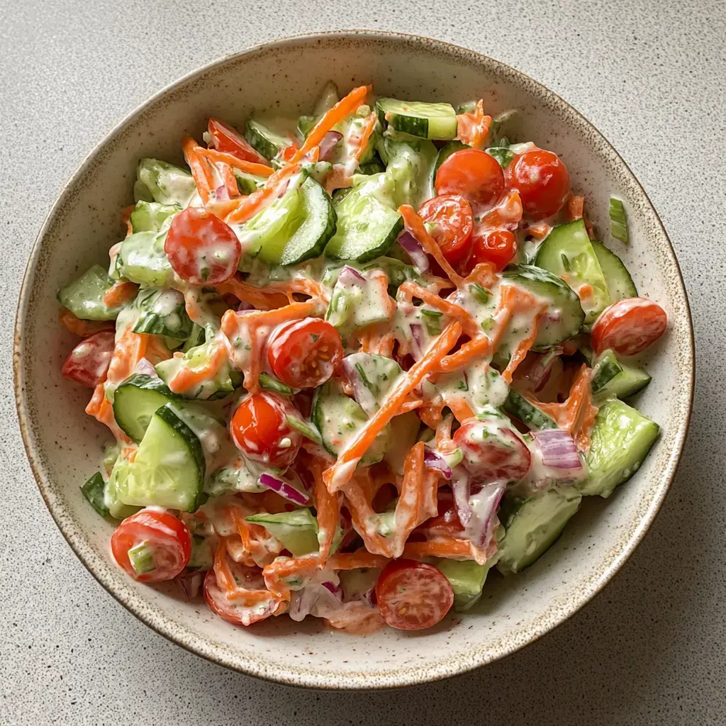 Un plato con ensalada fresca hecha con pepino, jitomates cherry, zanahoria rallada y cebolla, todo acompañado de una cremita encima.