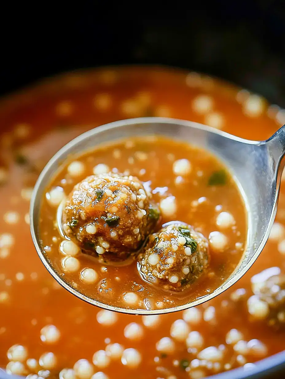 Cucharón con bolitas de carne en caldo lleno de perlitas y hierbas frescas.