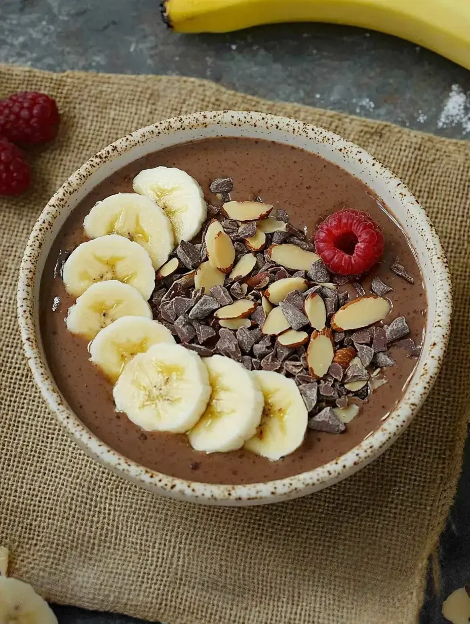 Un bowl de smoothie de chocolate con rodajas de plátano, frambuesas, almendras y trocitos de chocolate sobre un saco de yute.