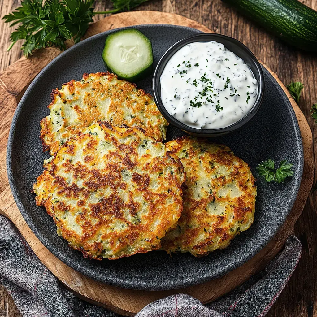Tres tortitas crujientes de calabacín en un plato con un poco de crema blanca, decorado con una rodaja de pepino y ramita de perejil.