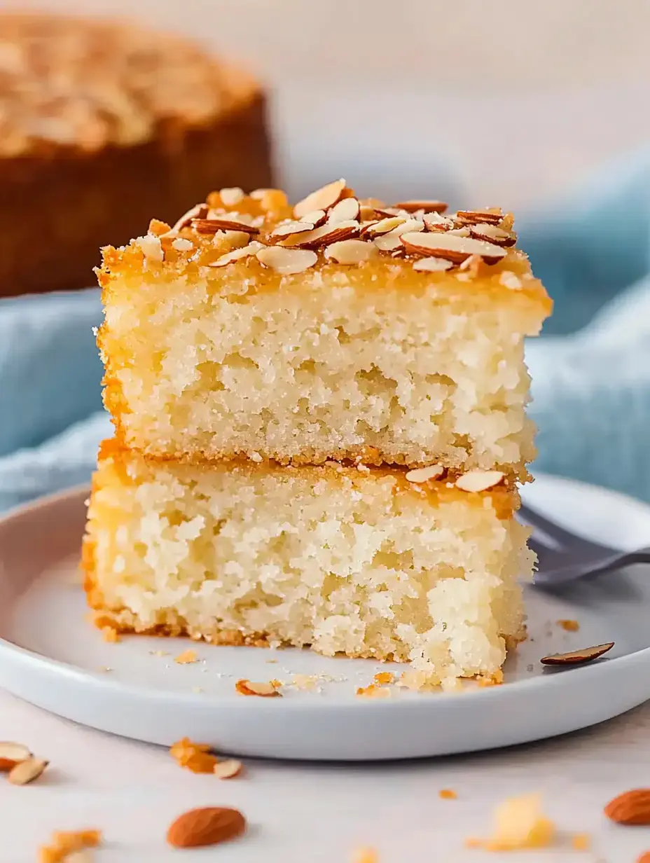 Un pedazo de pastel muy esponjoso con dos capas y almendras tostadas encima.