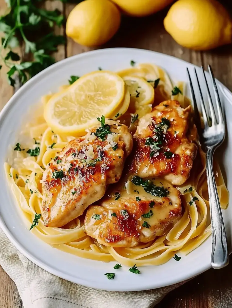 Un plato con filete de pechuga de pollo frito sobre una cama de espaguetis, decorado con rodajas de limón y hierbas frescas.
