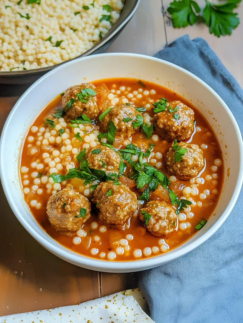 Tazón con bolitas de carne en un caldito con tomatito, perlitas de couscous y perejil fresco.