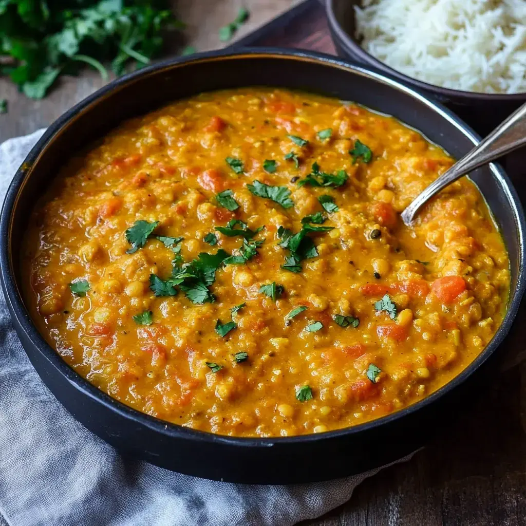 Un tazón con un colorido curry de lentejas, decorado con cilantro fresco y acompañado de arroz.