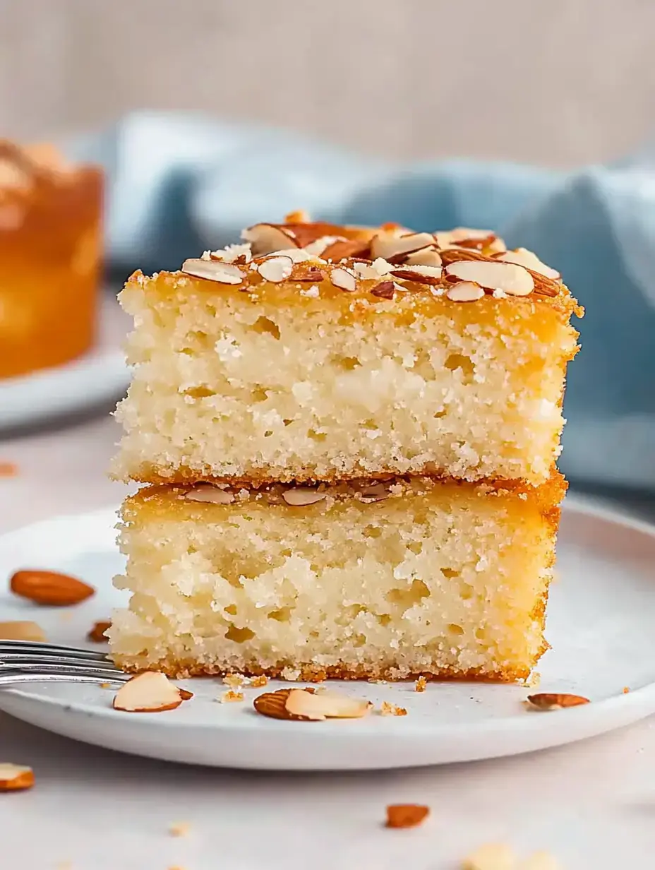 Un trozo de pastel suave con láminas de almendra en un plato, rodeado de más trocitos de almendra.