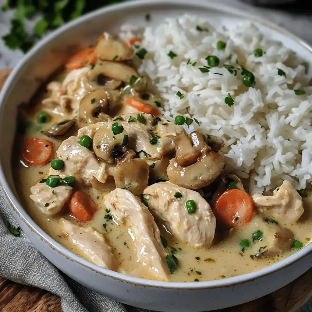 Plato con pollo en salsa cremosa, acompañado de arroz y decorado con zanahorias y chícharos.