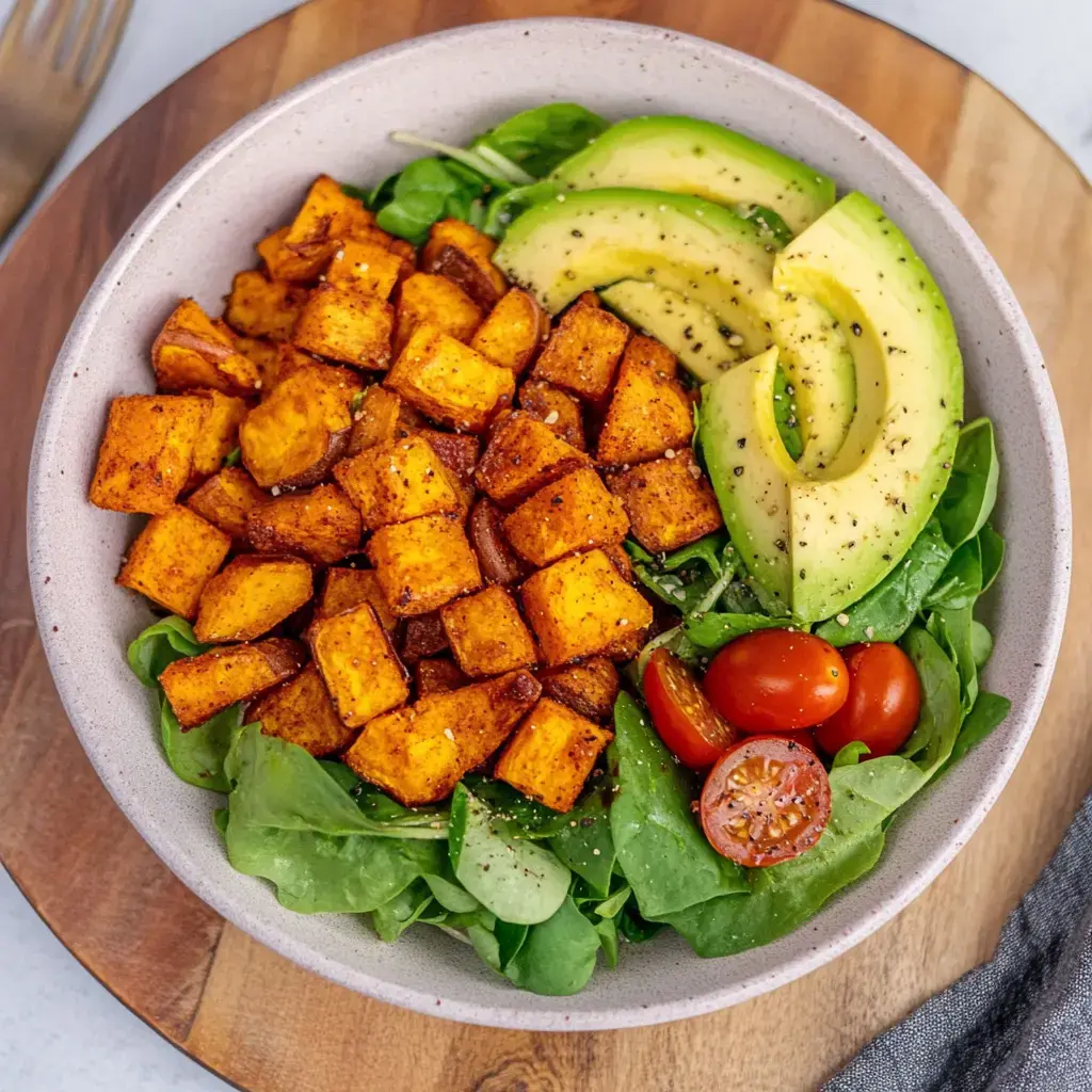 Un bowl con ensalada, papas doradas en cubos, aguacate en rodajas y tomates cherry.