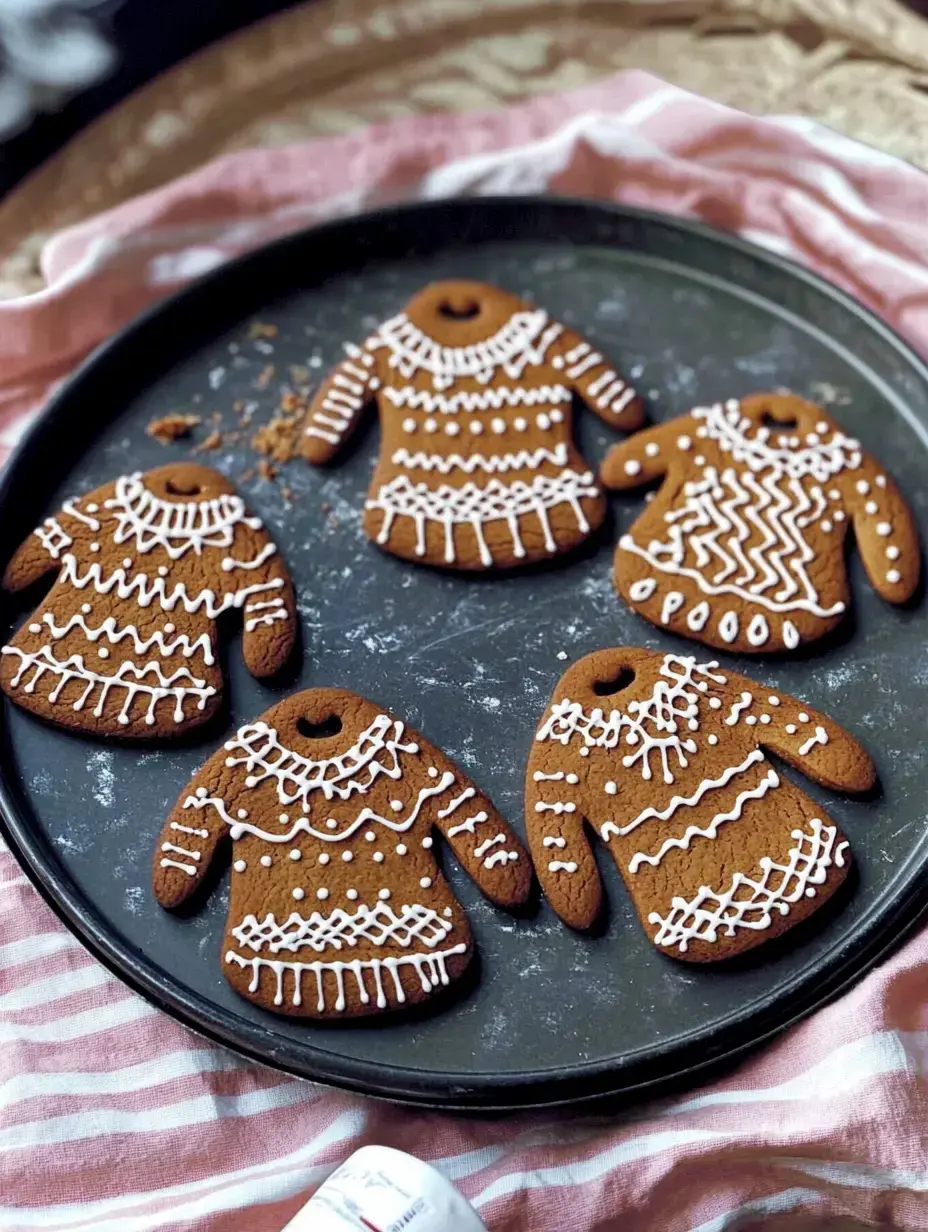 Bandeja con cuatro galletas decoradas en forma de suéter y glaseado blanco.