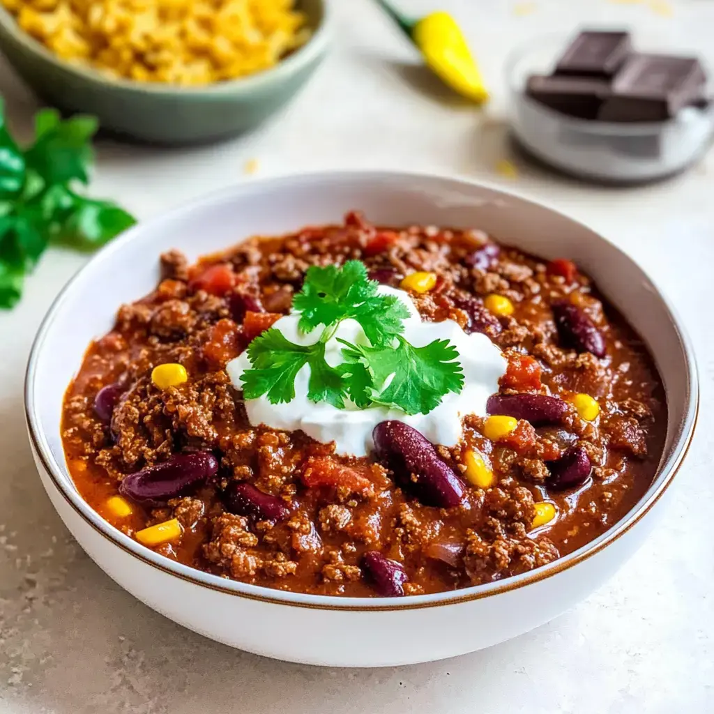 Un bol de chili con carne con perejil fresco y crema agria, rodeado de ingredientes como maíz y frijoles rojos.