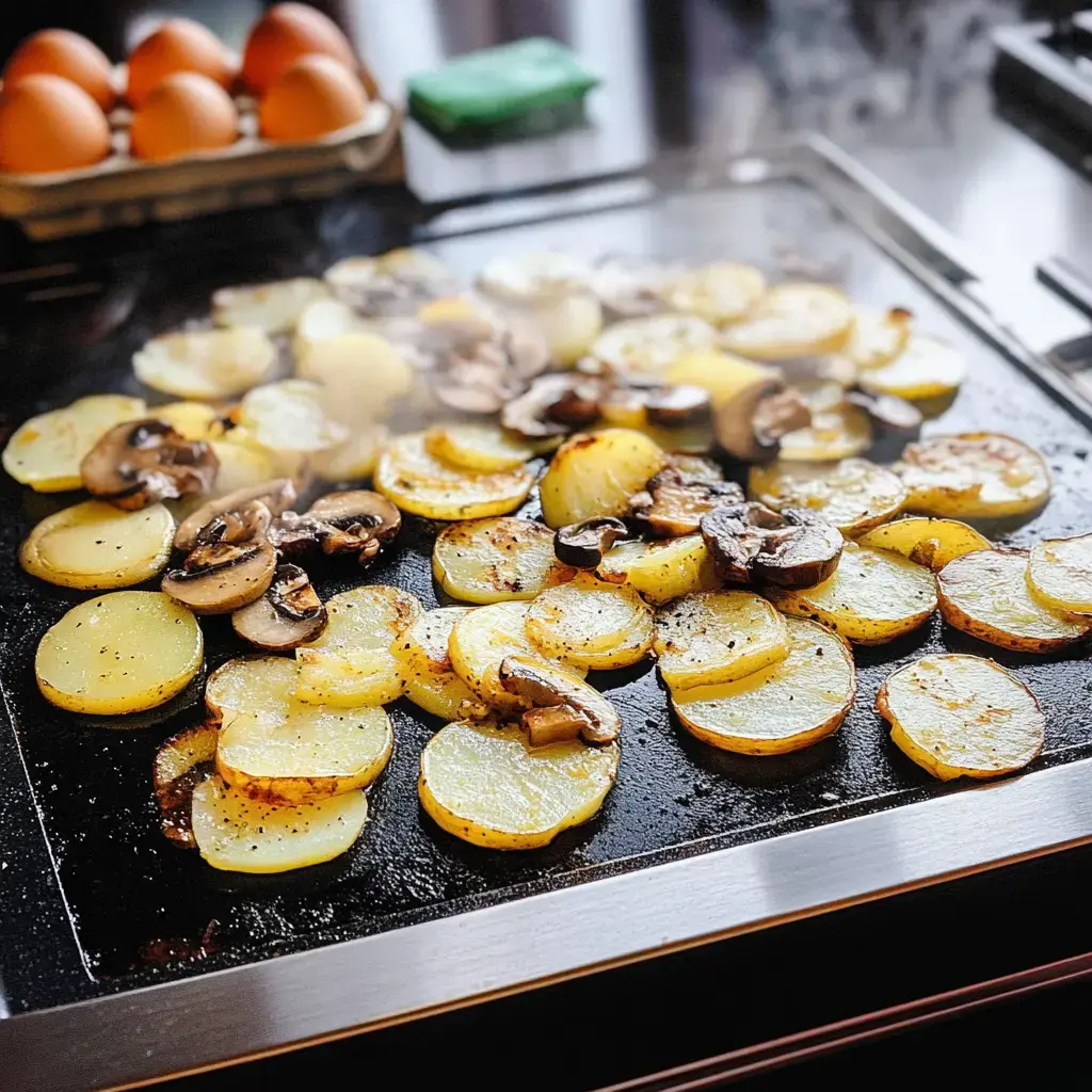 En la foto, papas y champiñones dorándose en una plancha caliente, al fondo hay una caja de huevos.