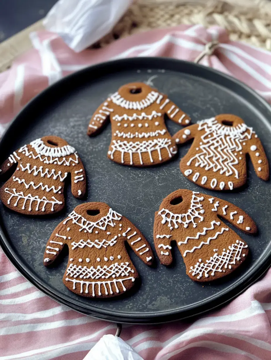 Plato con cuatro galletas especiadas en forma de suéter y glaseado blanco.