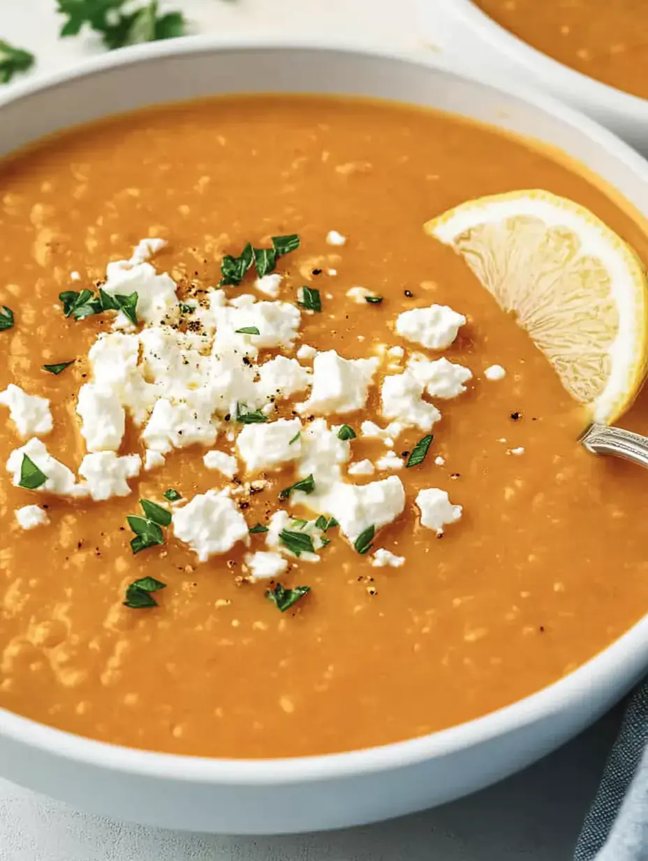 Un bol de sopa cremosa y naranja, decorada con mousse de queso blanco, cilantro fresco y rodaja de limón.