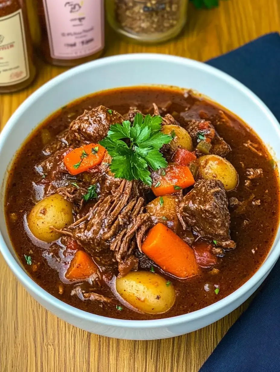 Un plato servido con estofado de res lleno de papas, zanahorias y decorado con perejil fresco, todo nadando en un caldo potente.