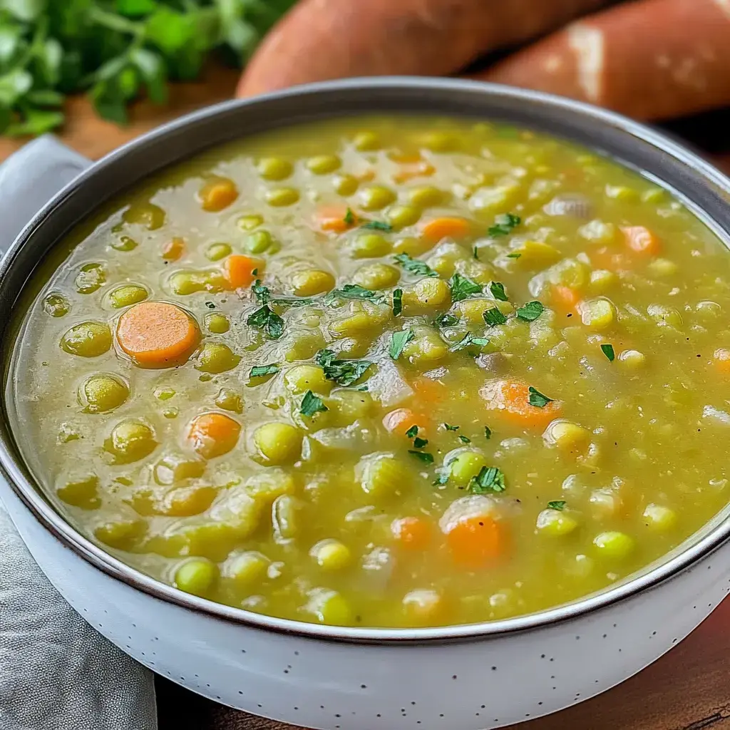 Un plato de sopa de guisantes adornado con cilantro fresco y pedacitos de zanahoria. De fondo, borroso, se ven boniatos.