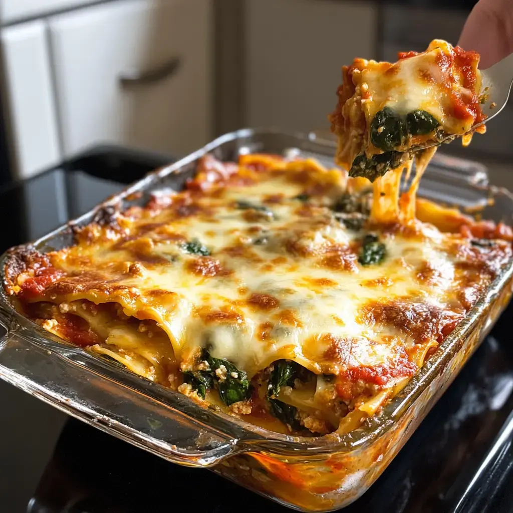 Un recipiente de vidrio con lasaña recién salida del horno, con queso derretido y espinaca.