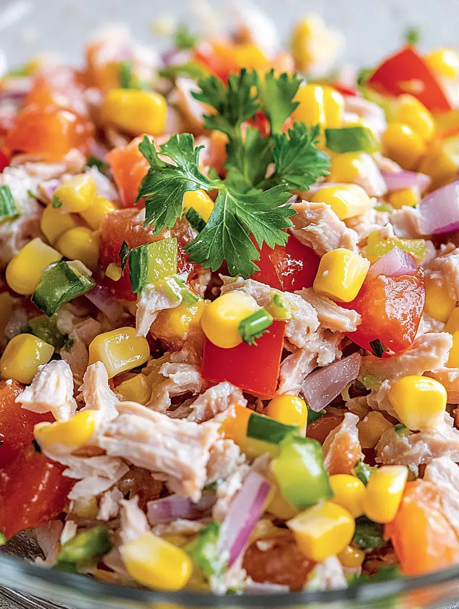 Una colorida mezcla de pollo, maíz, tomates, pimientos y cebollas, decorada con cilantro fresco.