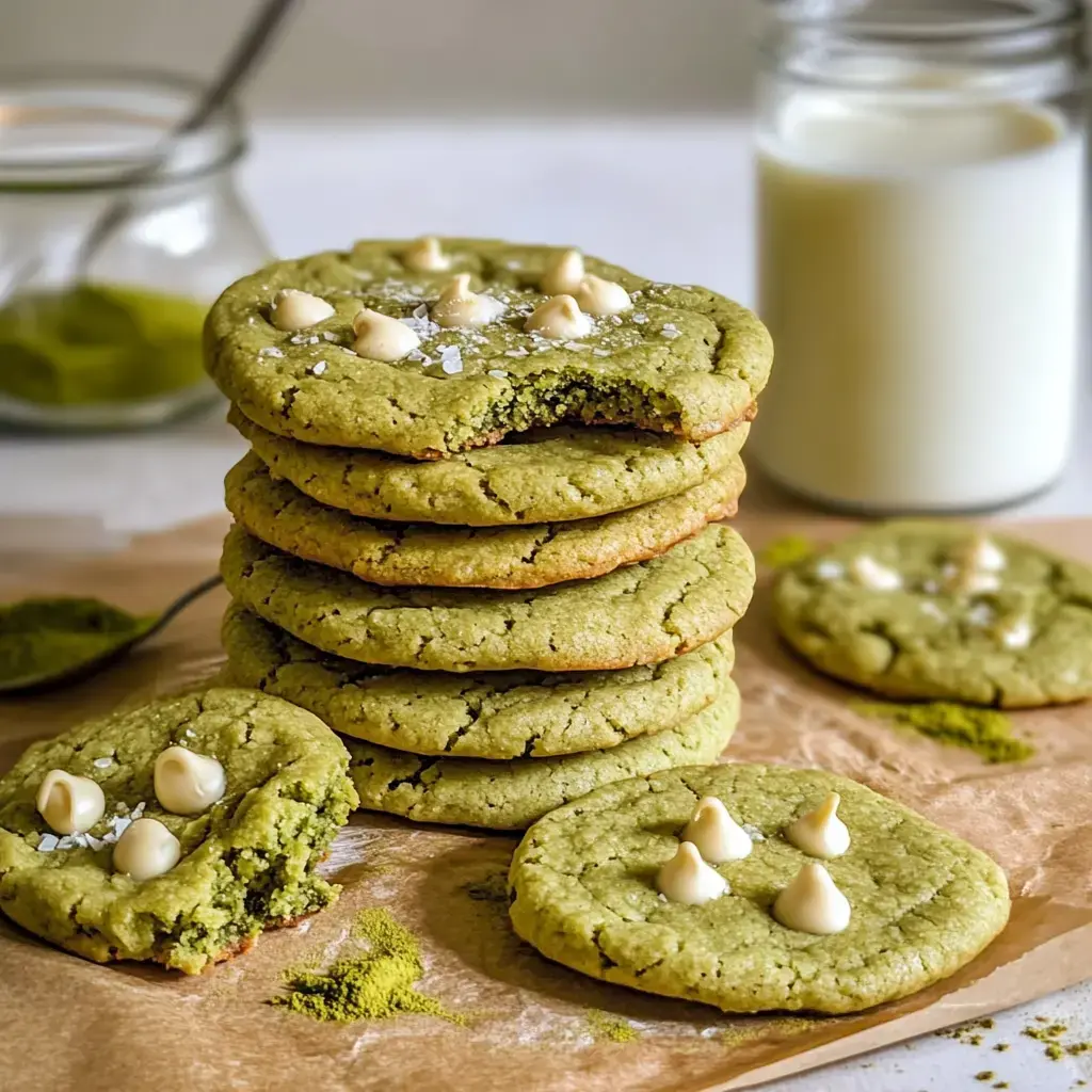 Unas galletas brillantes de matcha amontonadas, con trozos de chocolate blanco y un vaso de leche detrás.
