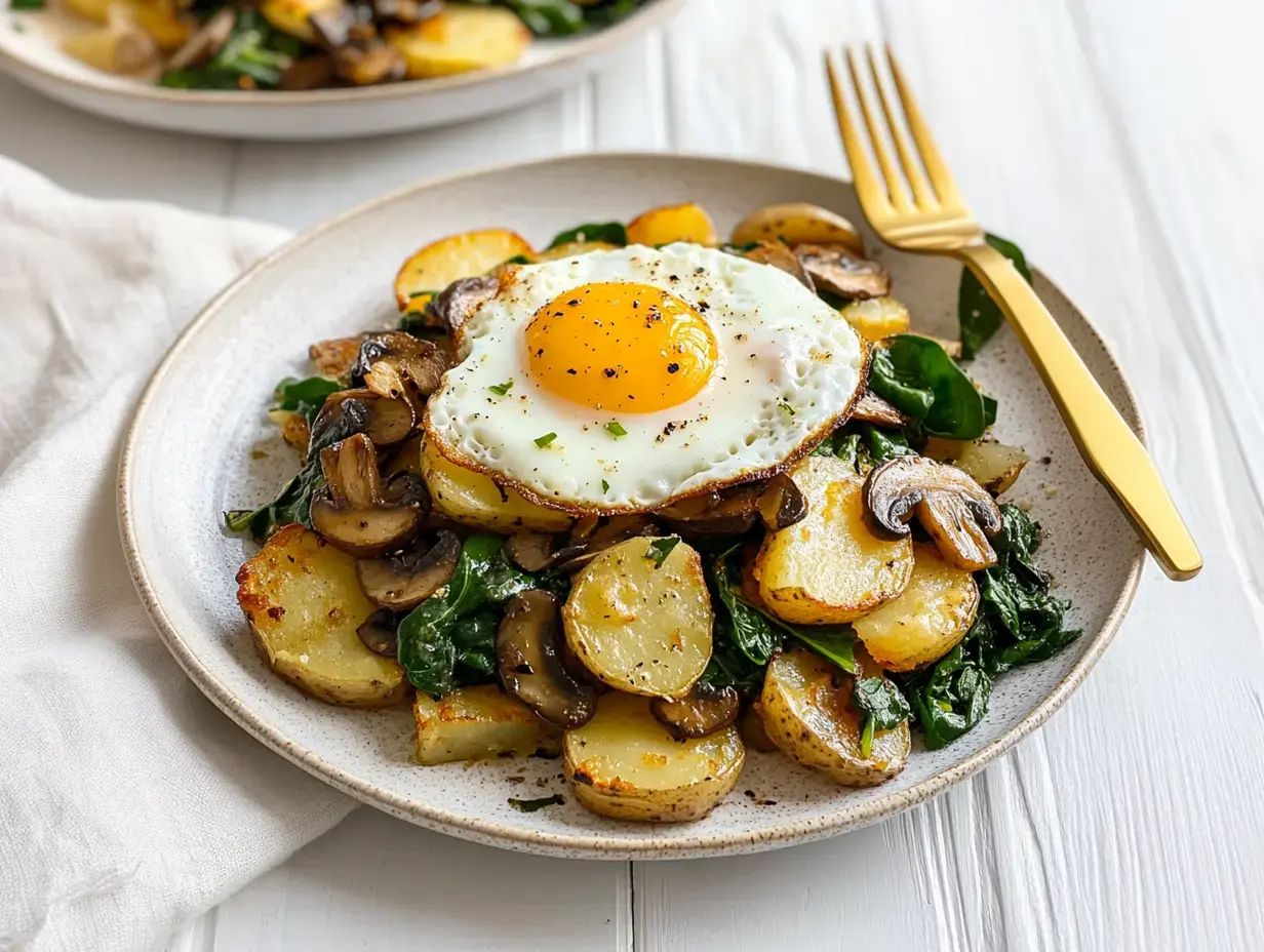 Un plato servido con papas doradas, espinaca y champiñones, todo con un huevo estrellado encima.