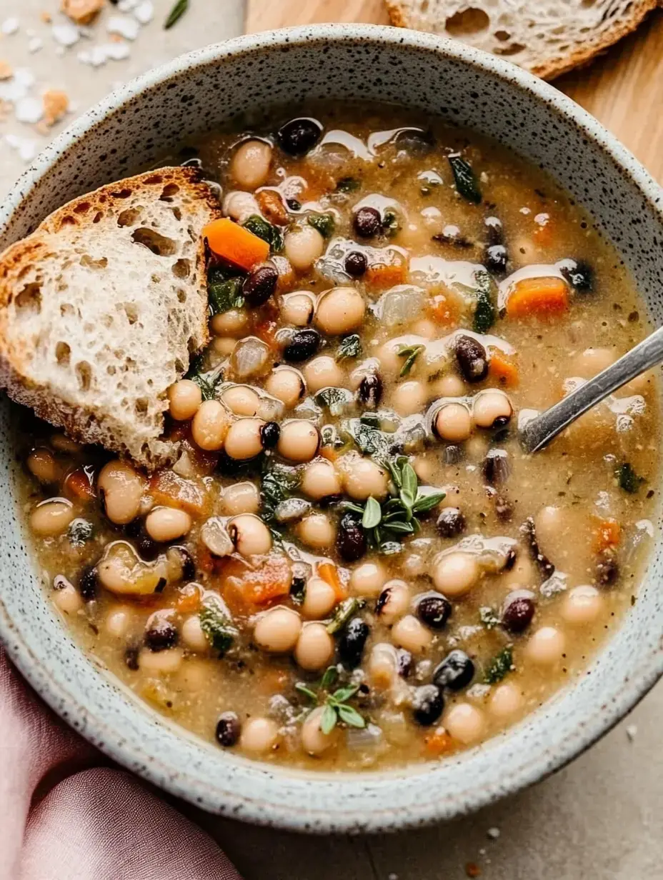 Un bol llenito de guiso de frijoles con carillas, muchas verduras y un trozo de pan para acompañar.