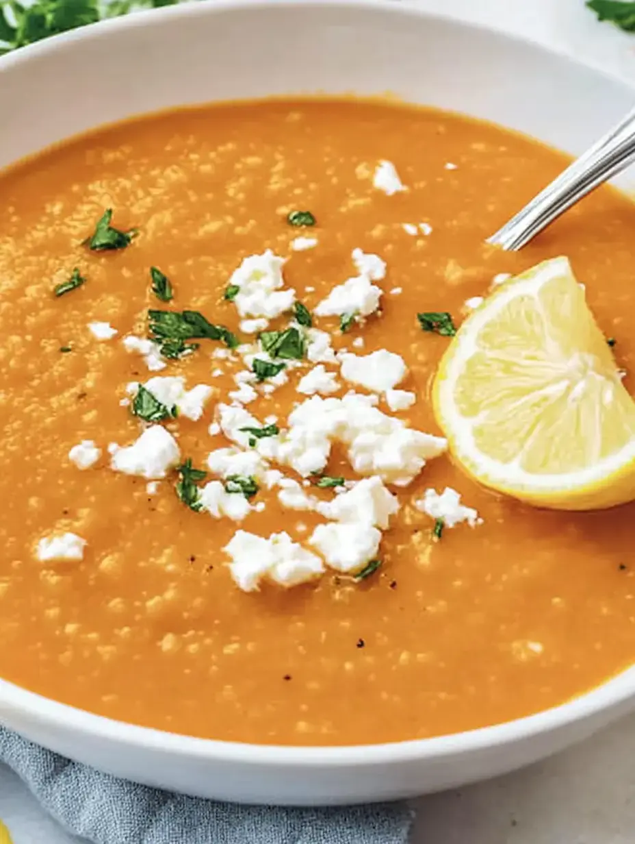 Bol de sopa cremosa y naranja, decorado con hierbas frescas, queso blanco desmoronado y rodaja de limón.